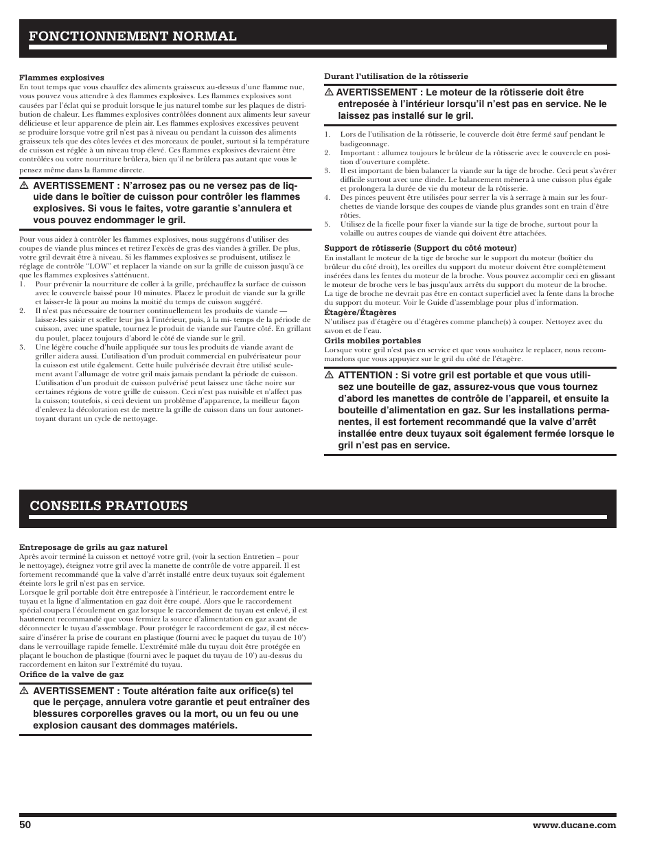 Fonctionnement normal, Conseils pratiques | Ducane Meridian 20529915 User Manual | Page 50 / 56