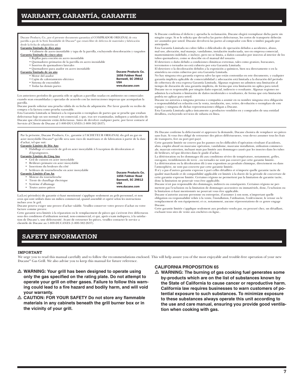 Safety information warranty, garantía, garantie | Ducane Meridian 20529915 User Manual | Page 7 / 56