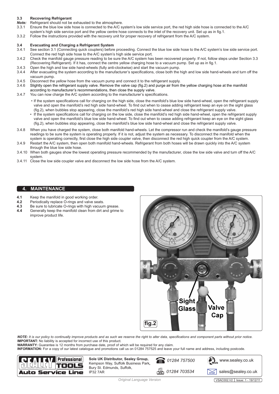 Fig.2, Maintenance | Sealey VSAC002 User Manual | Page 2 / 2