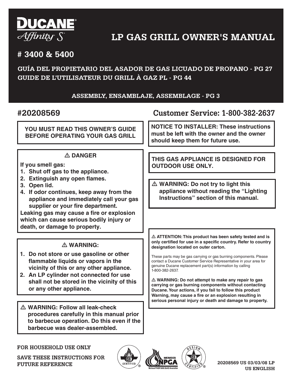 Ducane Affinity S LP Gass Grill 3400 User Manual | 64 pages