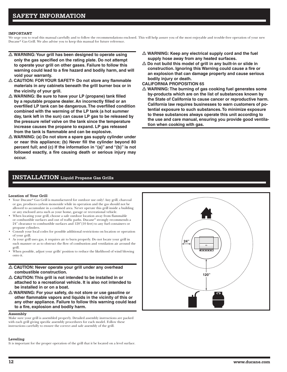 Safety information installation installation | Ducane Affinity S LP Gass Grill 3400 User Manual | Page 12 / 64