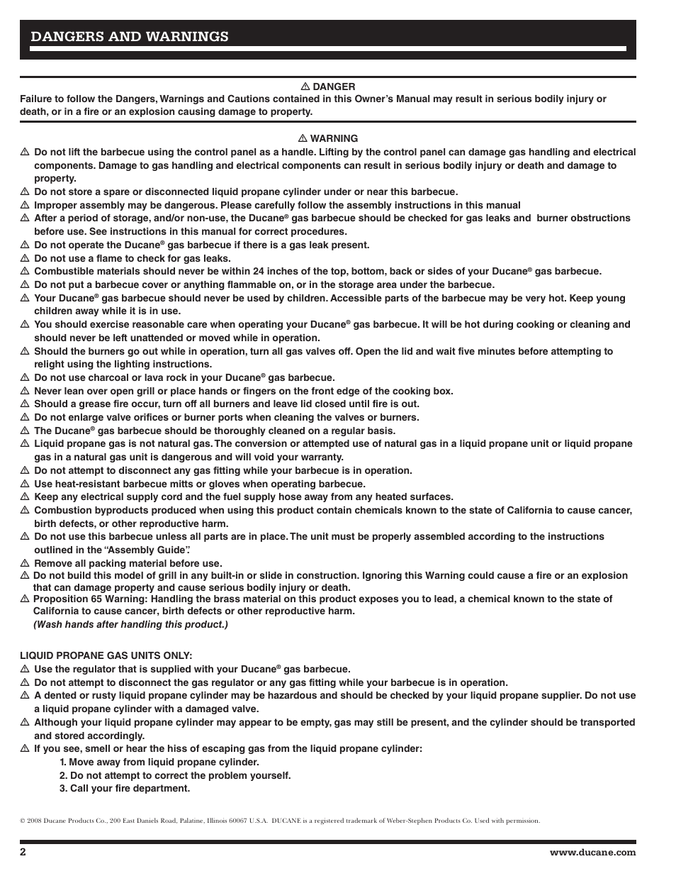 Dangers and warnings | Ducane Affinity S LP Gass Grill 3400 User Manual | Page 2 / 64