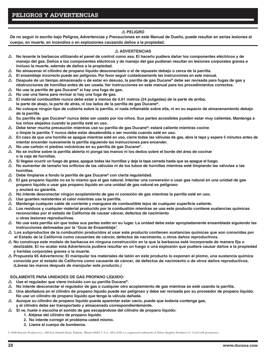 Peligros y advertencias | Ducane Affinity S LP Gass Grill 3400 User Manual | Page 28 / 64