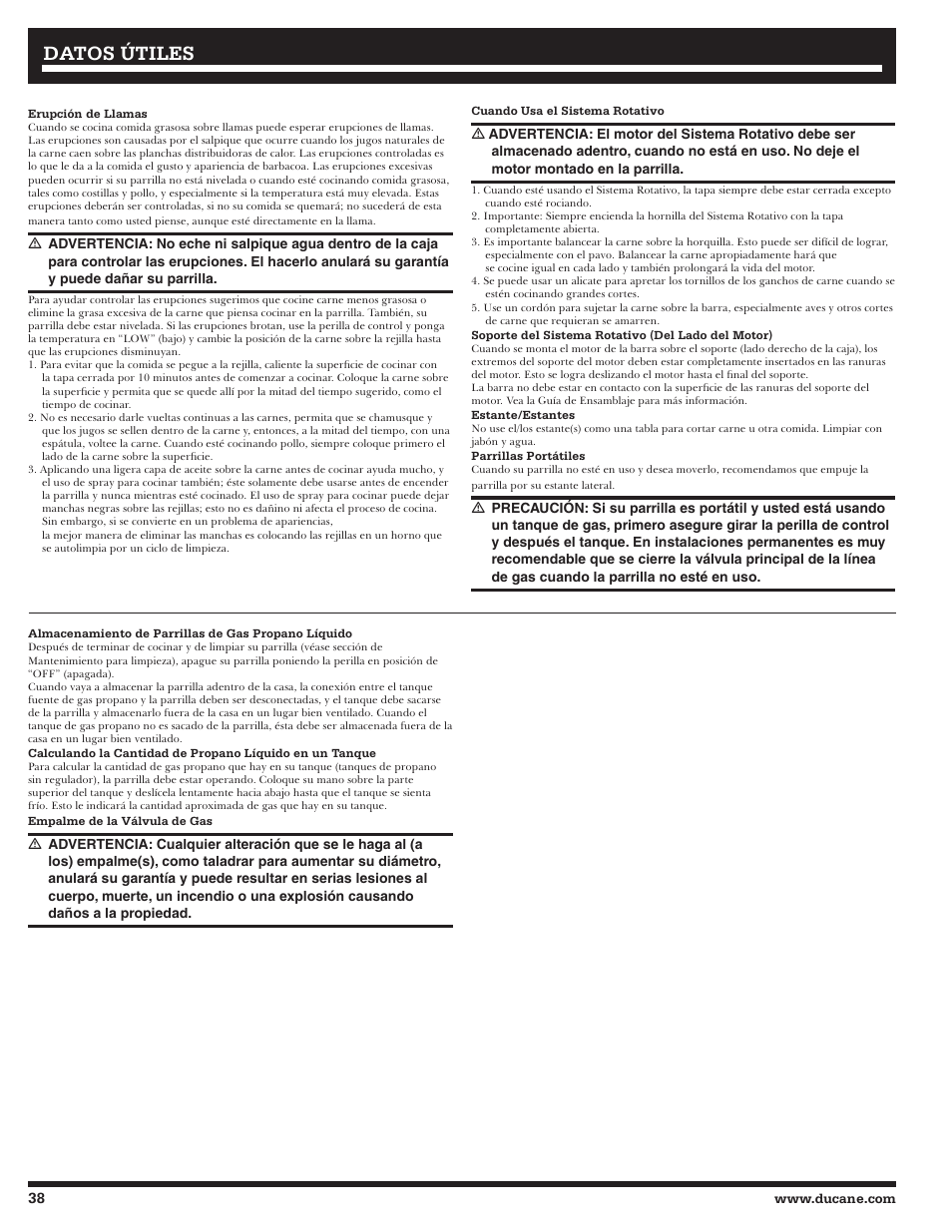 Datos útiles | Ducane Affinity S LP Gass Grill 3400 User Manual | Page 38 / 64