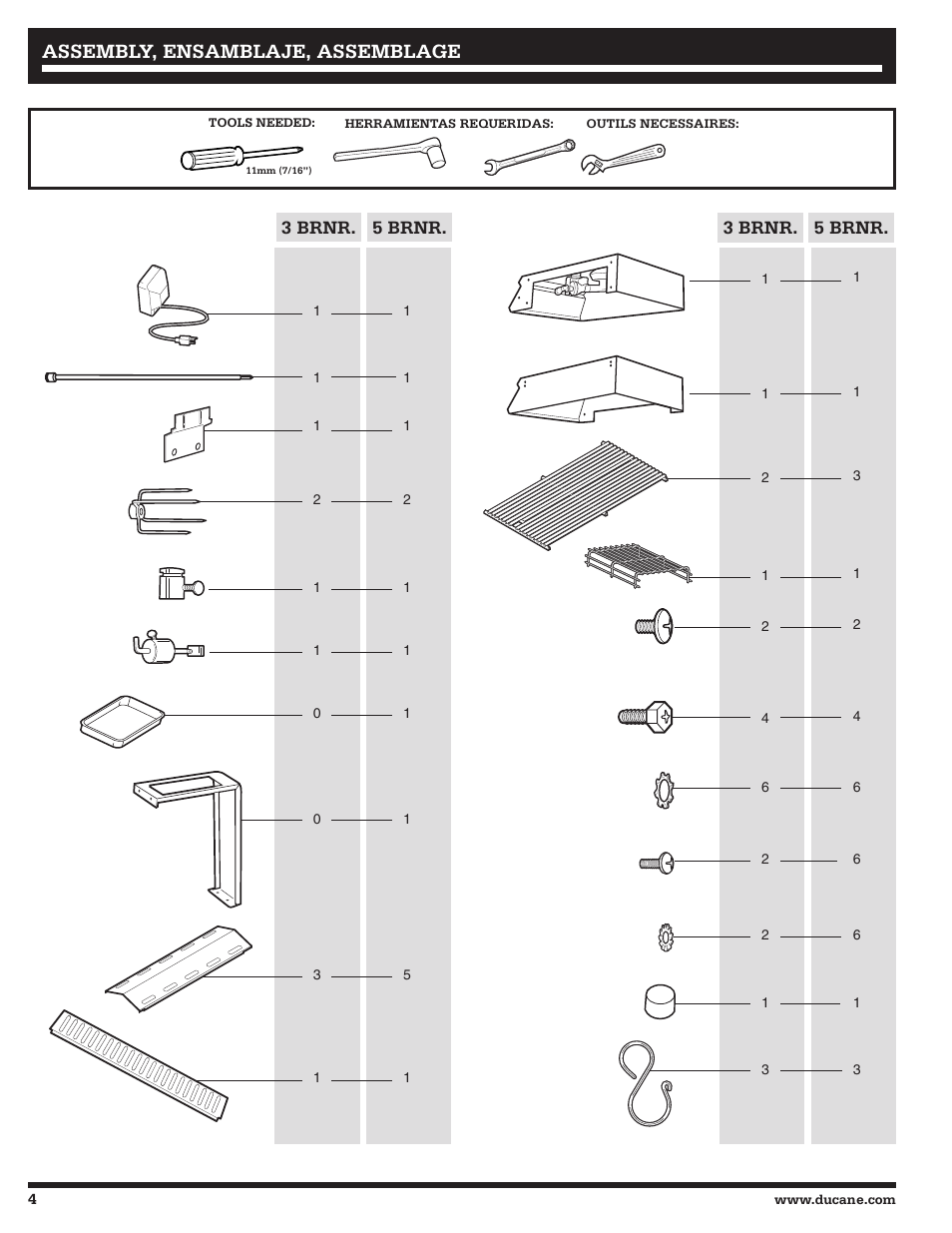 Assembly, ensamblaje, assemblage, 3 brnr. 5 brnr. 3 brnr. 5 brnr | Ducane Affinity S LP Gass Grill 3400 User Manual | Page 4 / 64