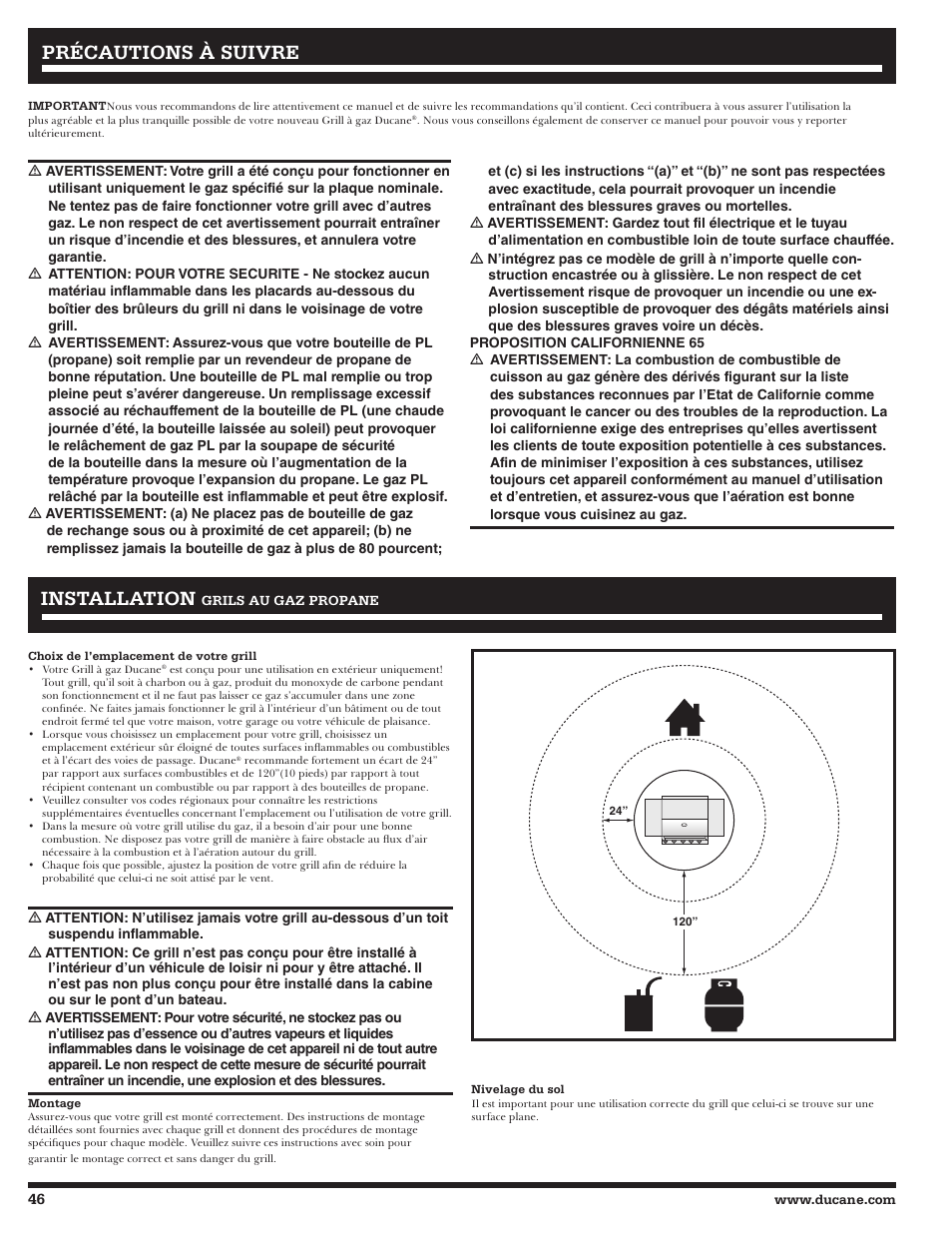 Précautions à suivre installation installation | Ducane Affinity S LP Gass Grill 3400 User Manual | Page 46 / 64