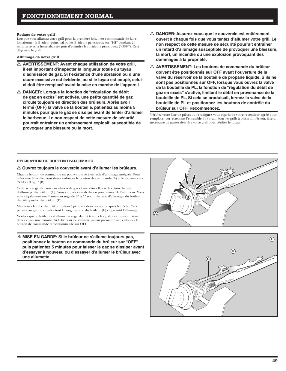 Fonctionnement, Fonctionnement normal normal | Ducane Affinity S LP Gass Grill 3400 User Manual | Page 49 / 64