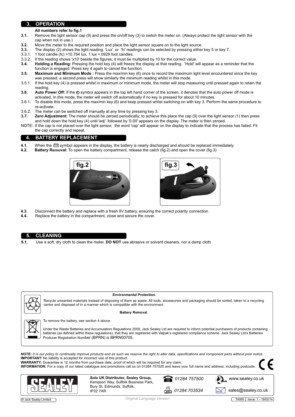 Fig.2 fig.3, Operation 4. battery replacement 5. cleaning | Sealey TA065 User Manual | Page 2 / 2