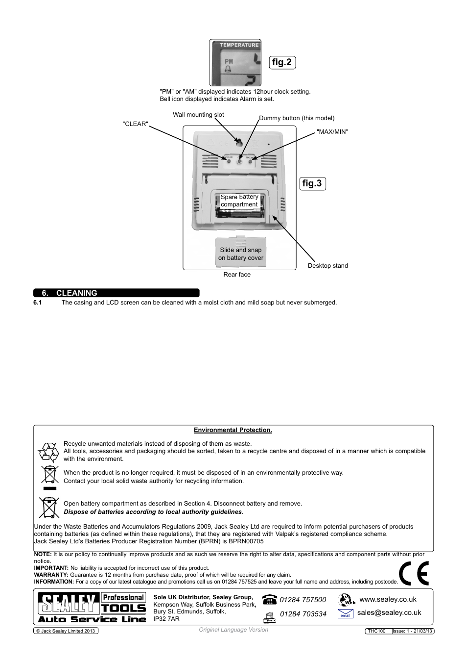 Fig.2 fig.3, Cleaning | Sealey THC100 User Manual | Page 2 / 2