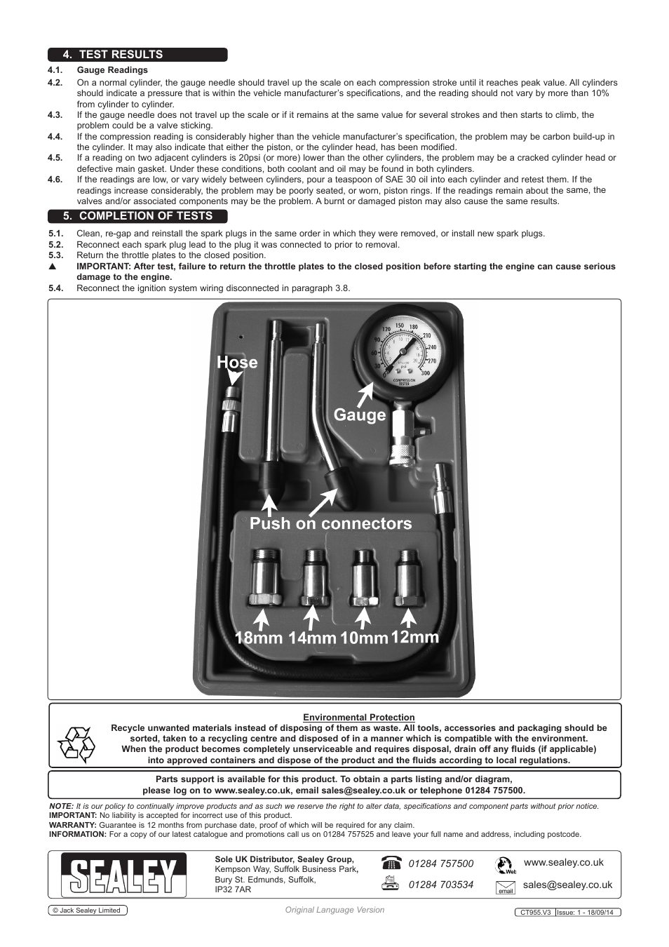 Test results 5. completion of tests | Sealey CT955 User Manual | Page 2 / 2