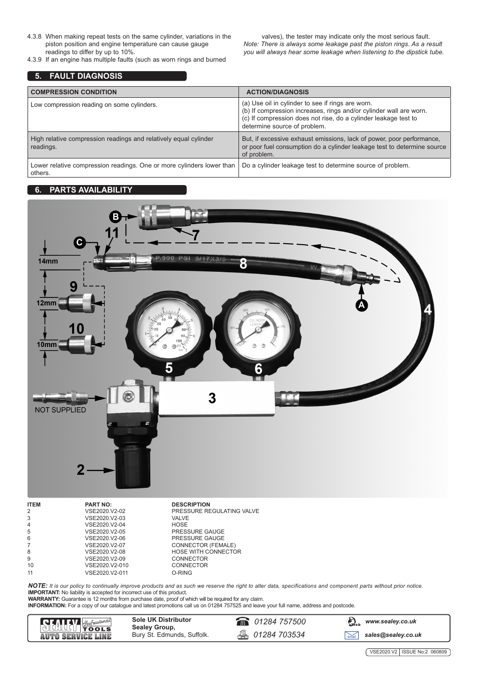 Parts availability 5. fault diagnosis | Sealey VSE2020 User Manual | Page 2 / 2
