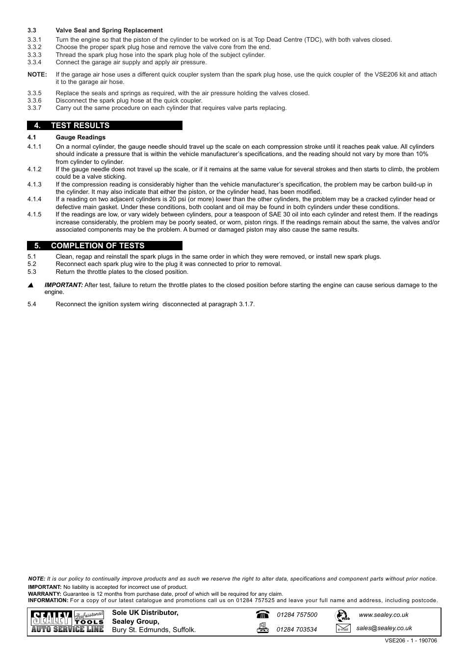 Test results, Completion of tests | Sealey VSE206 User Manual | Page 2 / 2