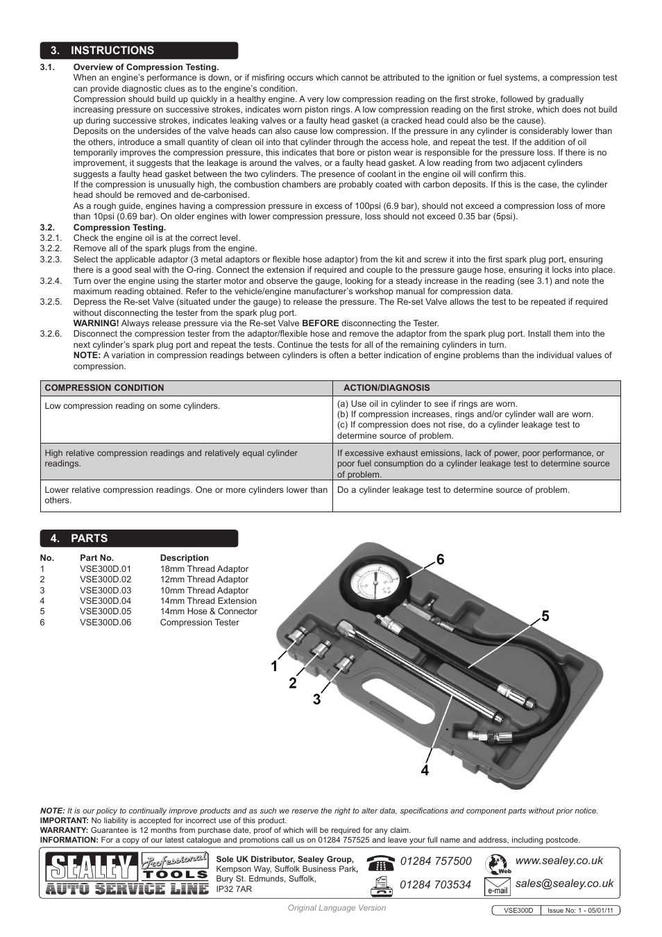 Instructions 4. parts | Sealey VSE300D User Manual | Page 2 / 2