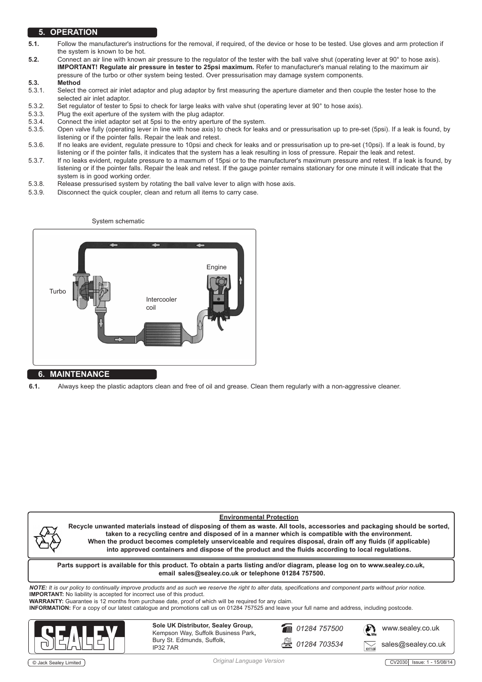 Operation 6. maintenance | Sealey CV2030 User Manual | Page 2 / 2