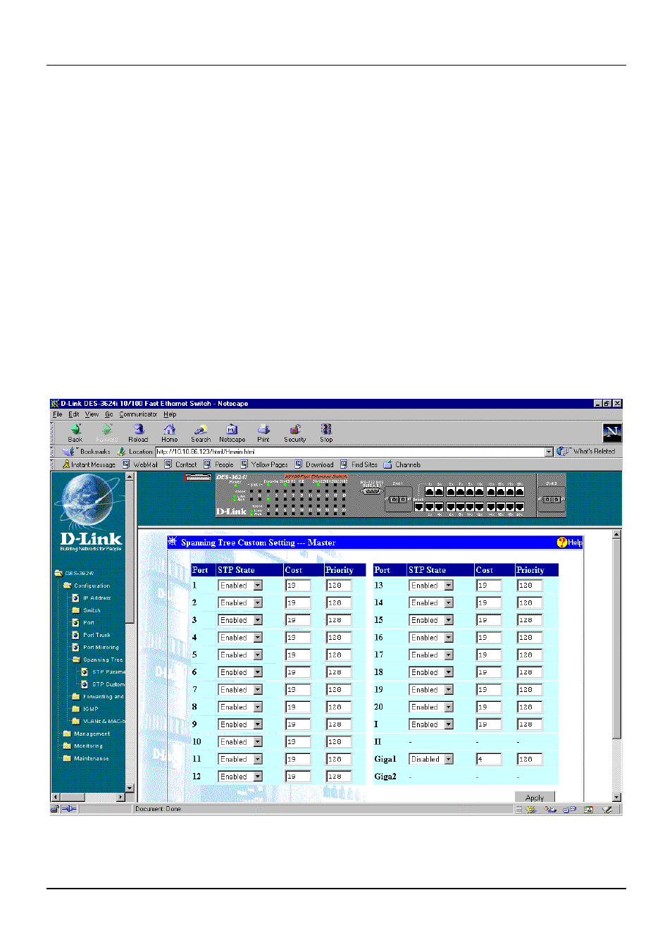 Stp custom setting | D-Link DES-3624 User Manual | Page 110 / 162