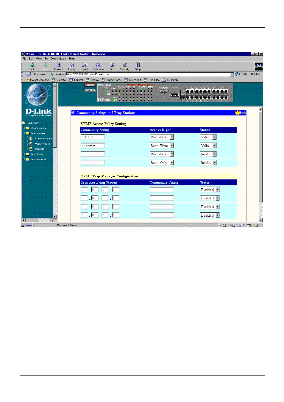 Community strings and trap stations | D-Link DES-3624 User Manual | Page 130 / 162