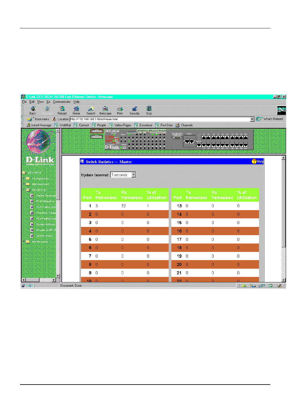 Monitoring, Switch overview | D-Link DES-3624 User Manual | Page 134 / 162