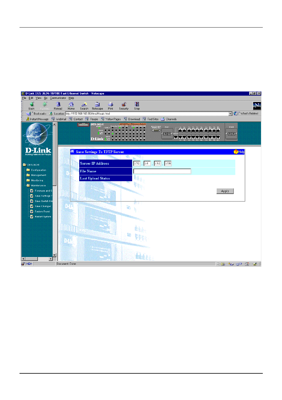 Save settings to tftp server | D-Link DES-3624 User Manual | Page 144 / 162