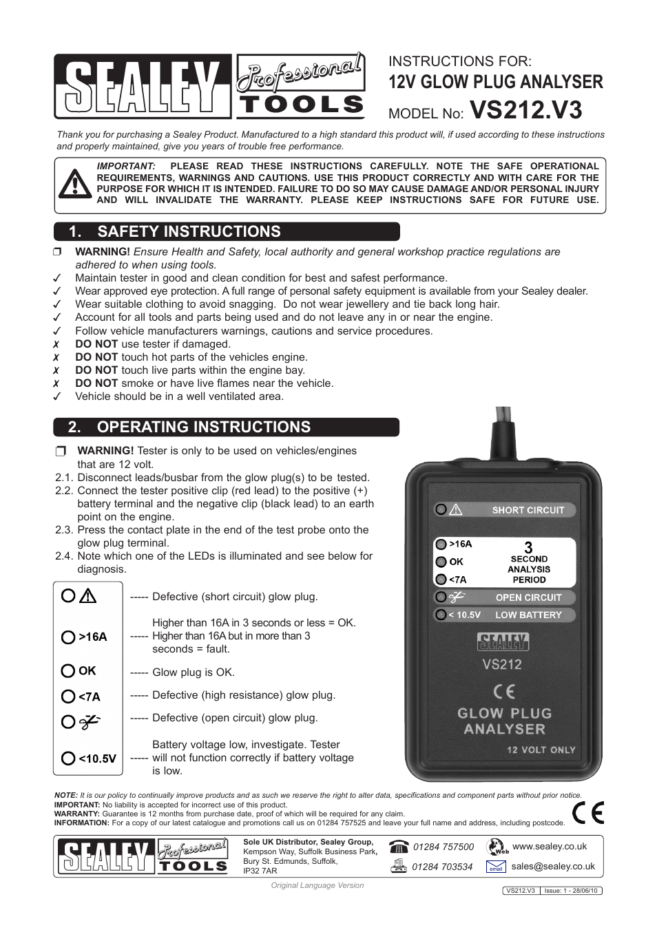 Sealey VS212 User Manual | 2 pages