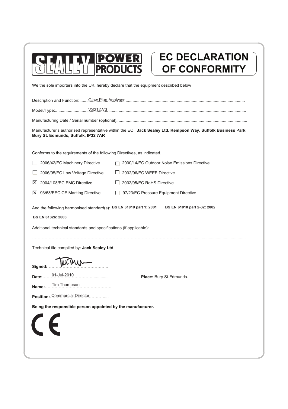 Ec declaration of conformity | Sealey VS212 User Manual | Page 2 / 2