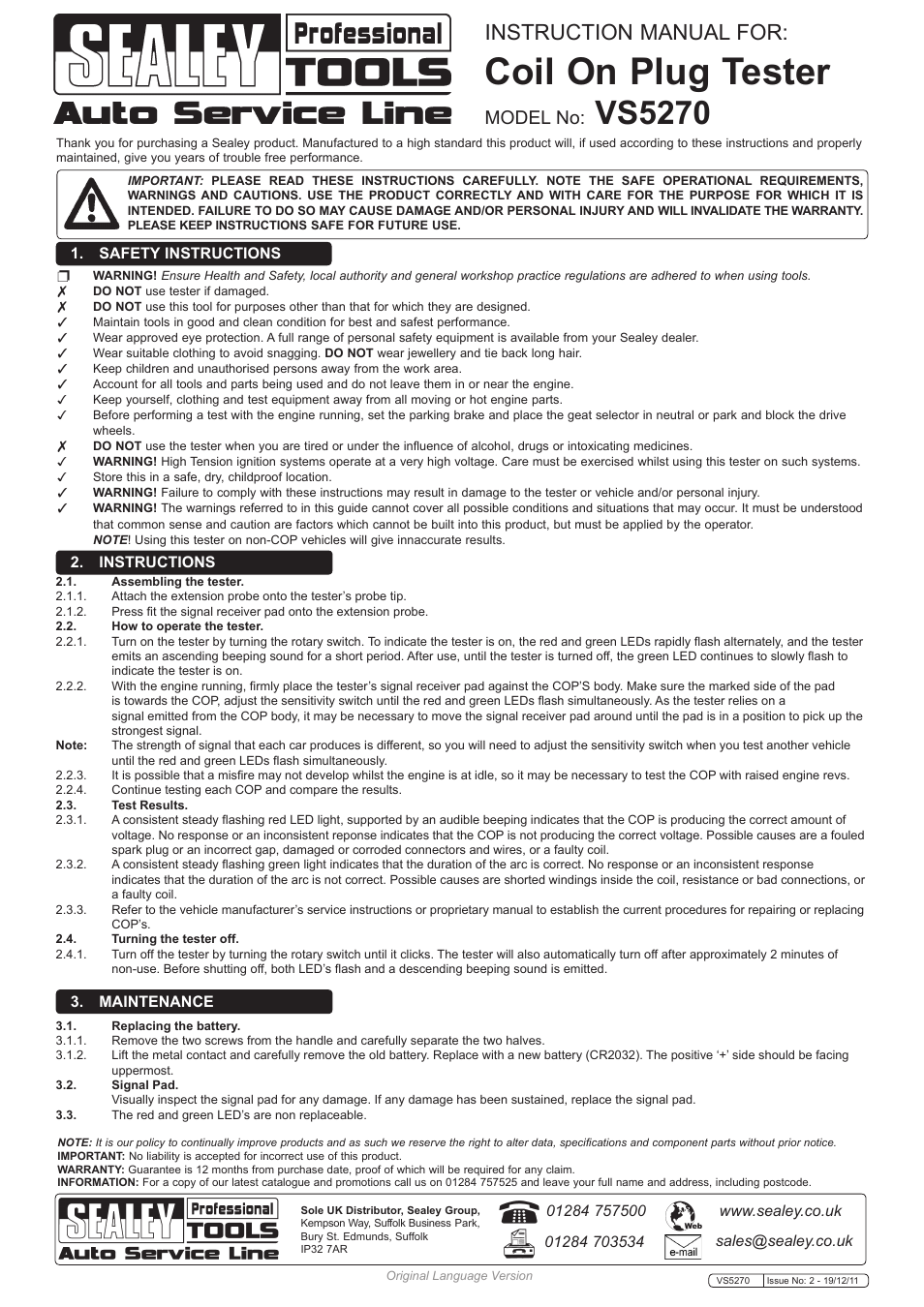 Sealey VS5270 User Manual | 1 page