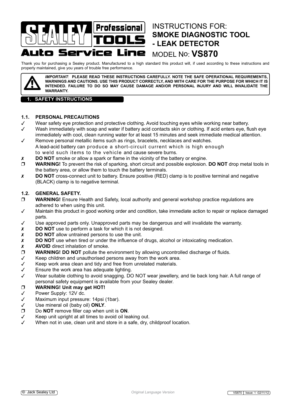 Sealey VS870 User Manual | 3 pages