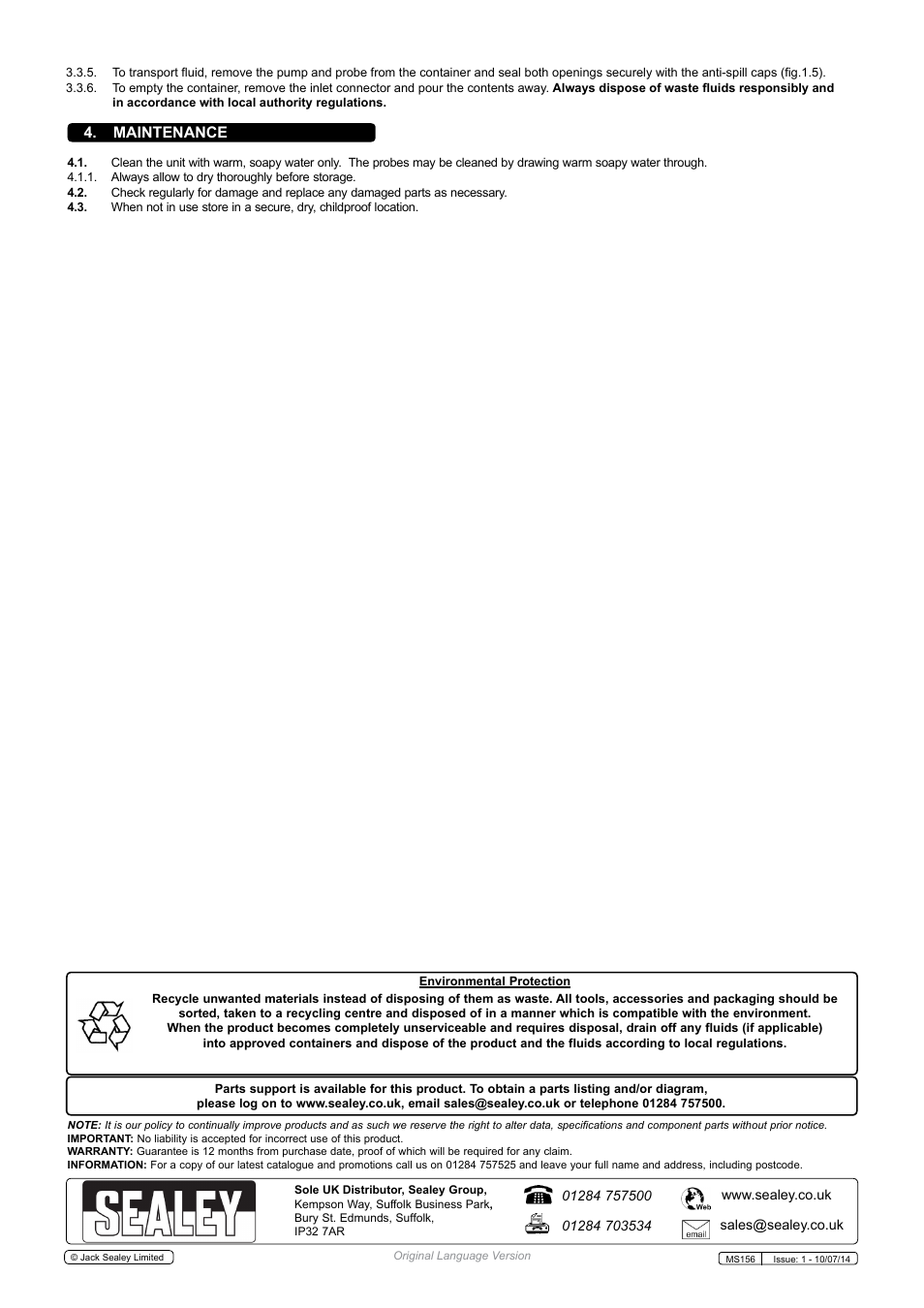 Maintenance | Sealey MS156 User Manual | Page 2 / 2