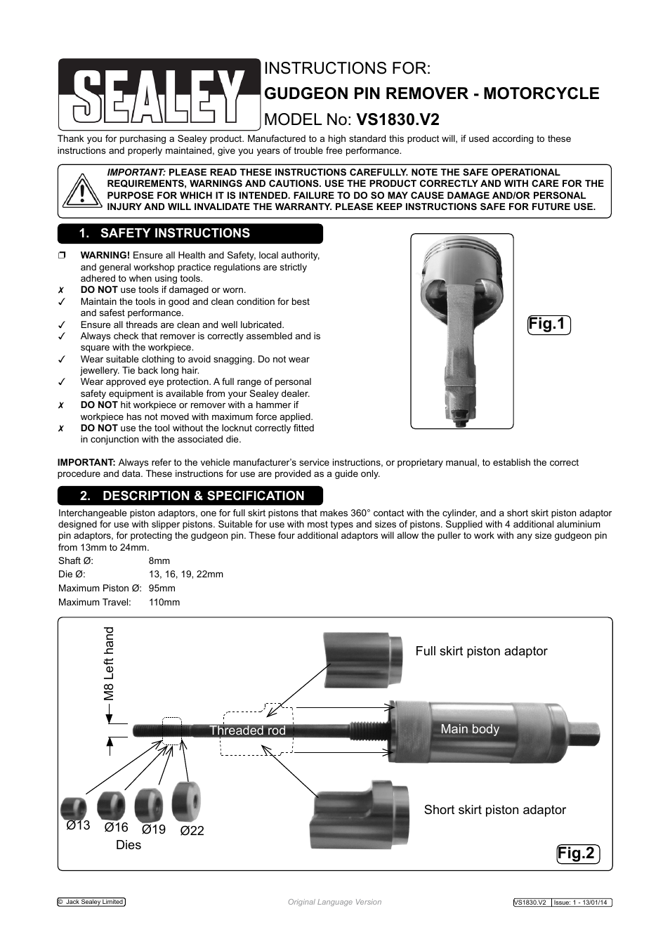 Sealey VS1830 User Manual | 2 pages