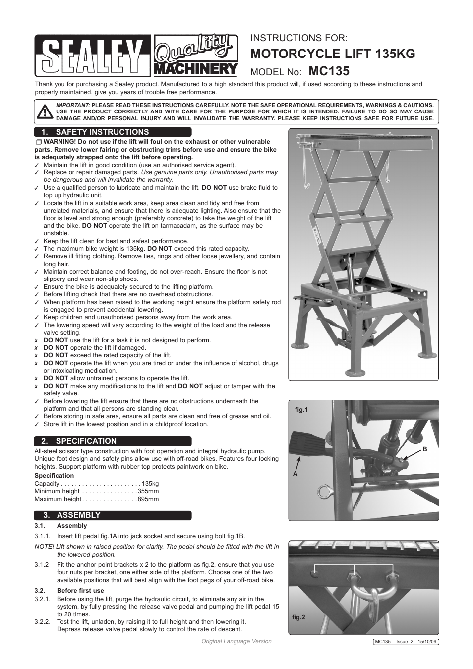 Sealey MC135 User Manual | 2 pages