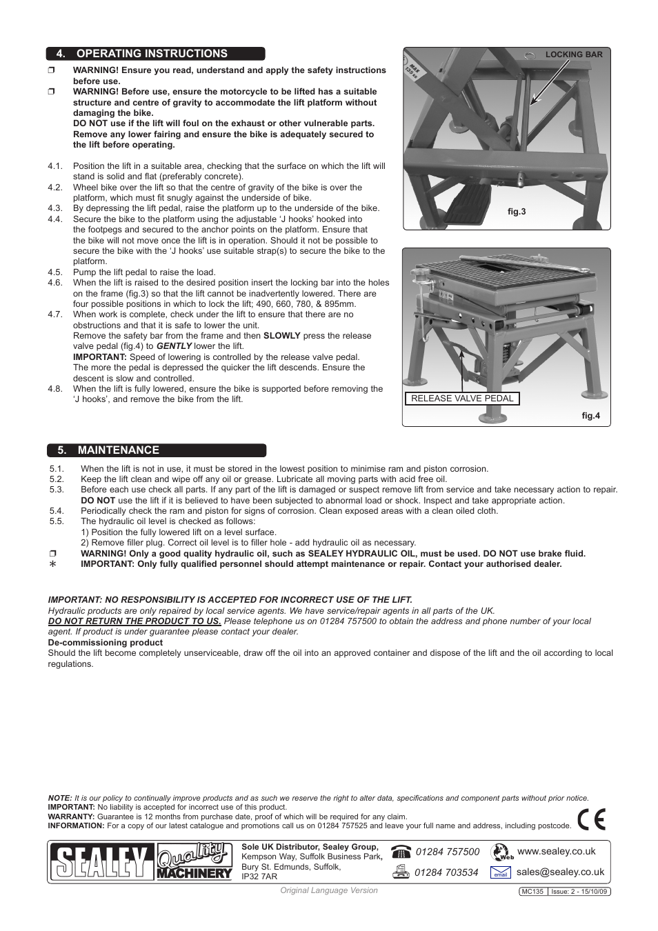 Operating instructions, Maintenance | Sealey MC135 User Manual | Page 2 / 2