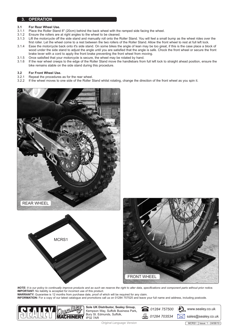 Operation, Rear wheel front wheel mcrs1 | Sealey MCRS1 User Manual | Page 2 / 2