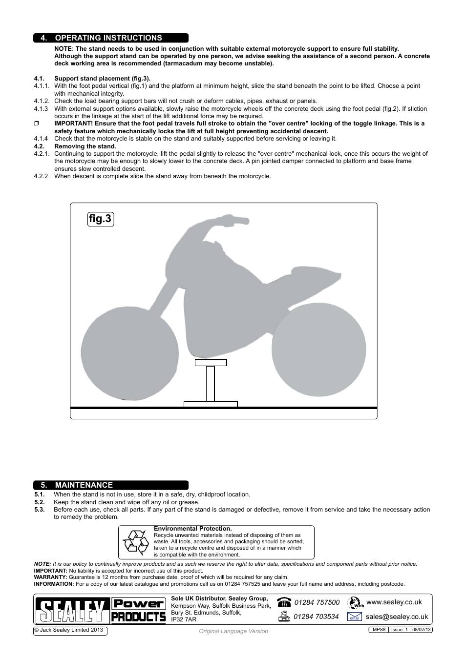 Fig.3, Maintenance 4. operating instructions | Sealey MPS8 User Manual | Page 2 / 2