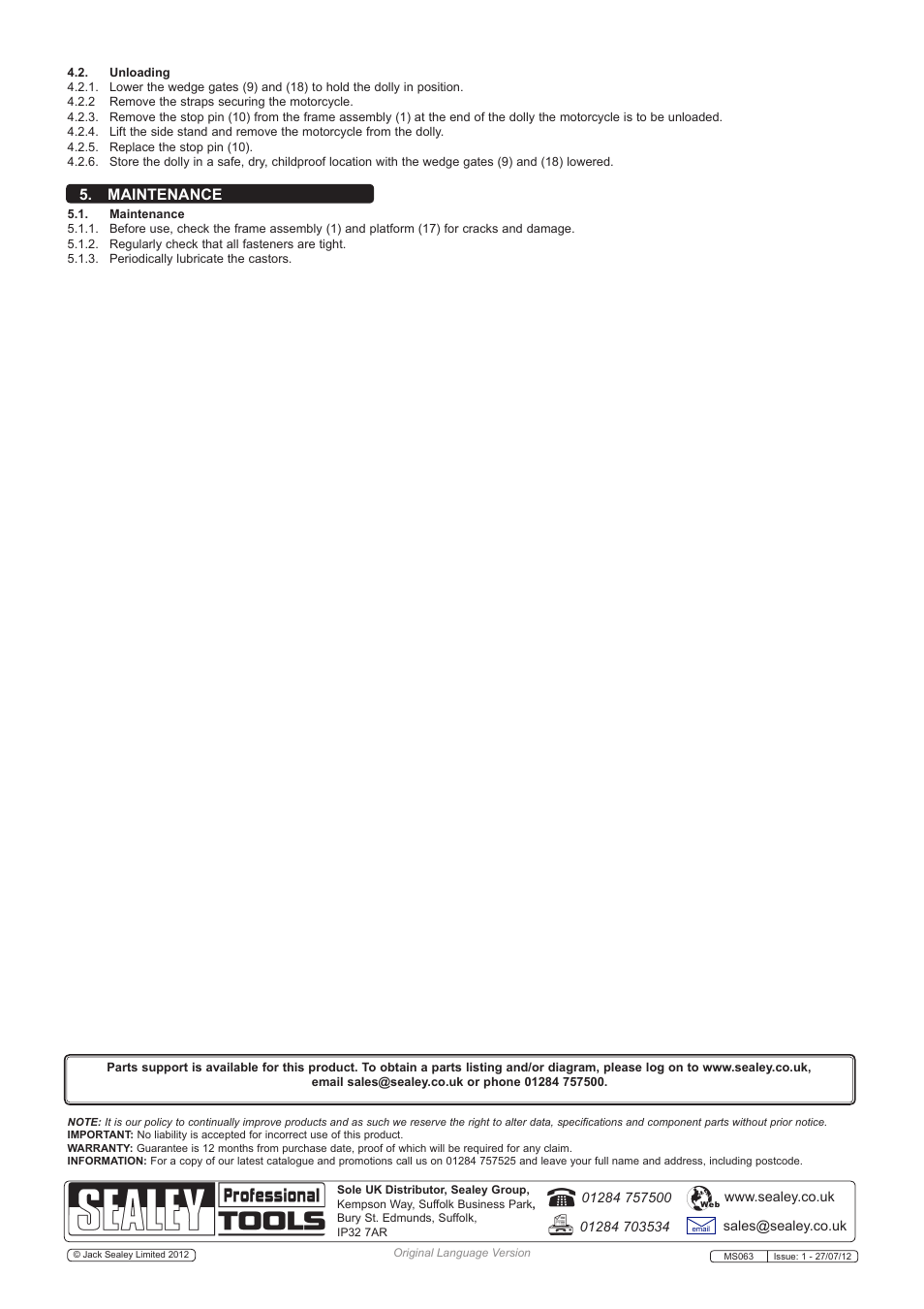 Maintenance | Sealey MS063 User Manual | Page 3 / 3