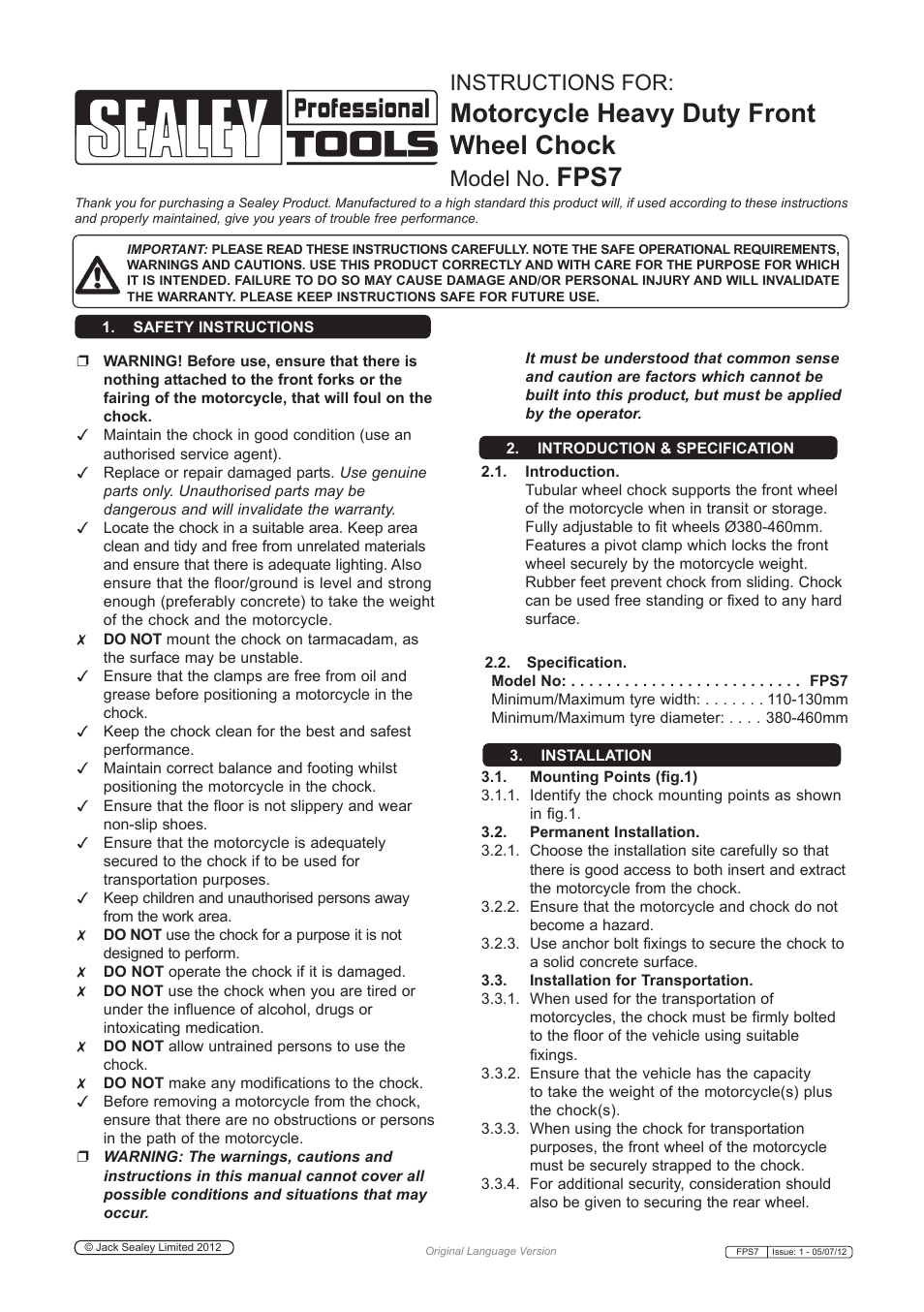 Sealey FPS7 User Manual | 2 pages