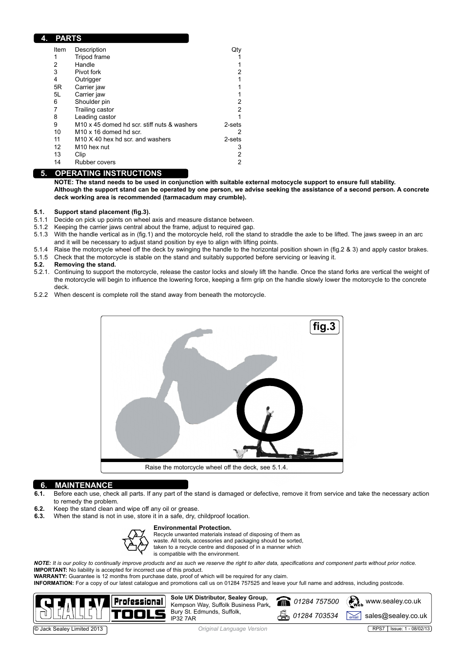 Fig.3, Maintenance 5. operating instructions, Parts | Sealey RPS7 User Manual | Page 2 / 2