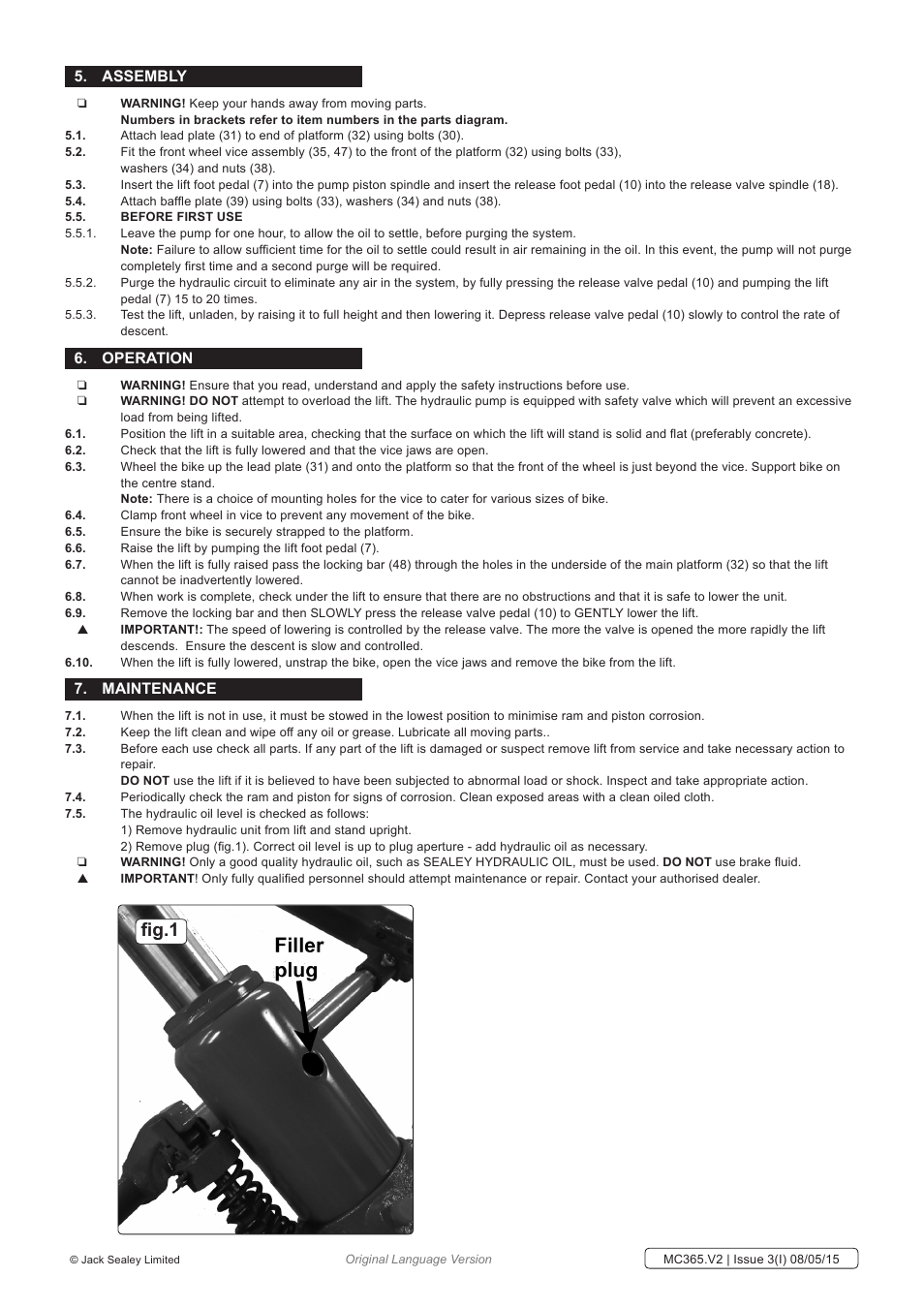 Fig.1, Assembly, Operation | Maintenance | Sealey MC365 User Manual | Page 2 / 3