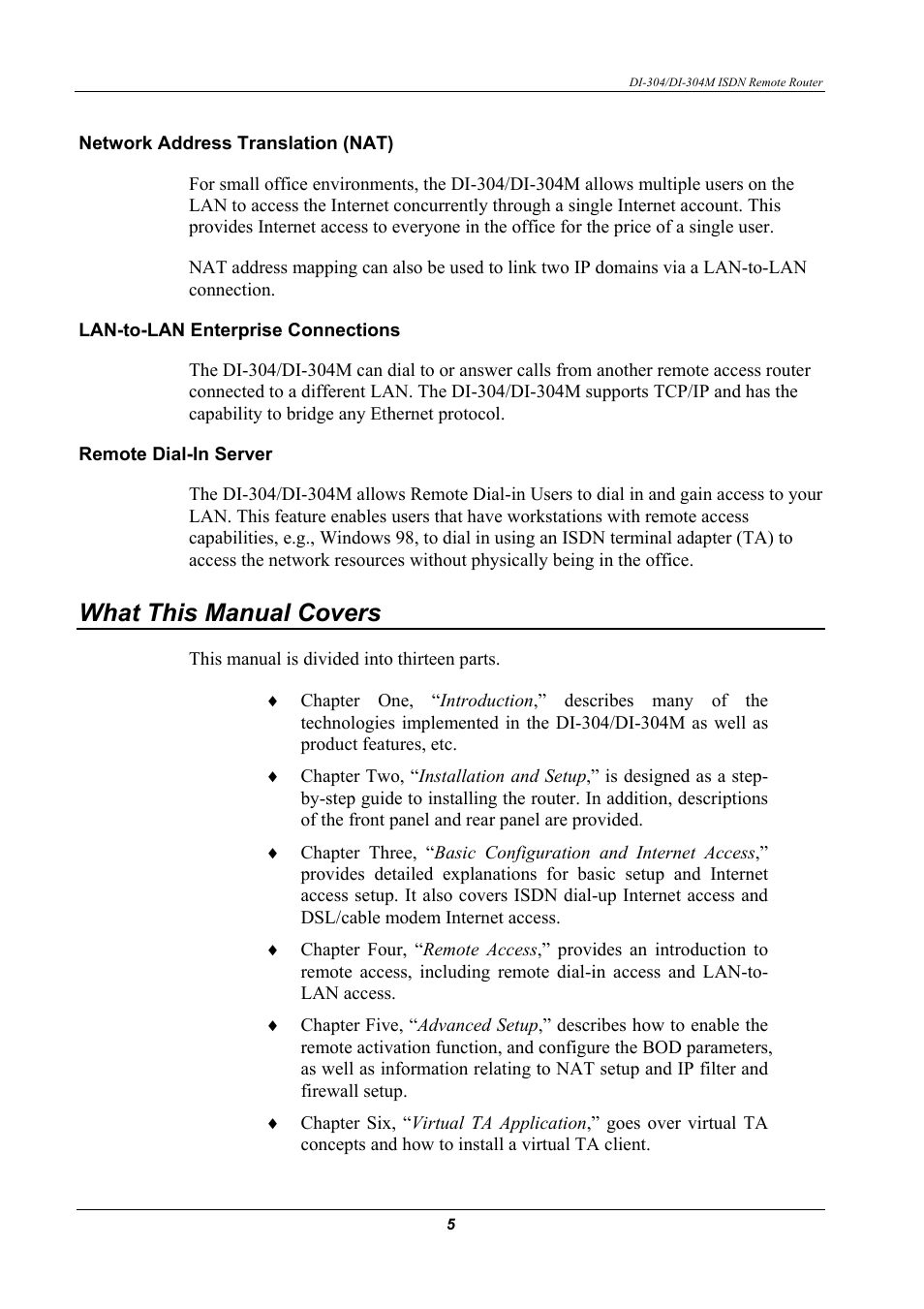 Network address translation (nat), Lan-to-lan enterprise connections, Telecommuting server | What this manual covers | D-Link DI-304M User Manual | Page 13 / 105