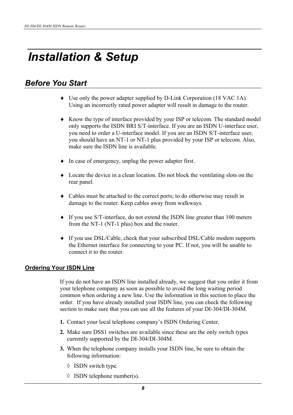 Nstallation, Etup, Before you start | Ordering your isdn line, Installation & setup | D-Link DI-304M User Manual | Page 16 / 105