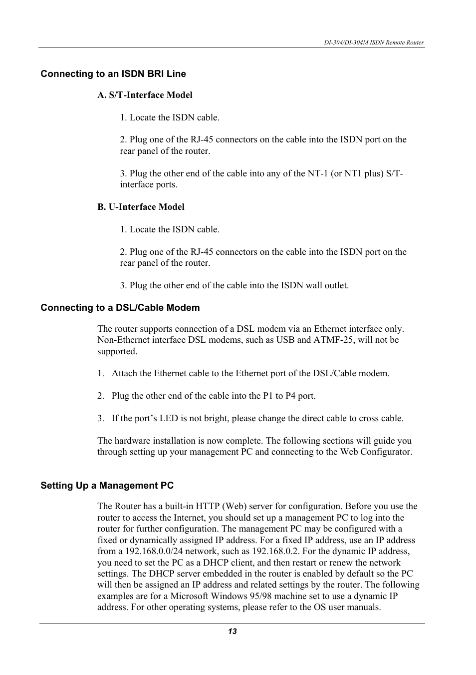 Connecting to an isdn bri line, Connecting to a dsl/cable modem, Setting up a management pc | D-Link DI-304M User Manual | Page 21 / 105