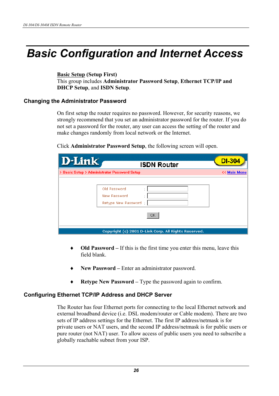 Asic, Onfiguration and, Nternet | Ccess, Changing the administrator password, Basic configuration and internet access | D-Link DI-304M User Manual | Page 34 / 105