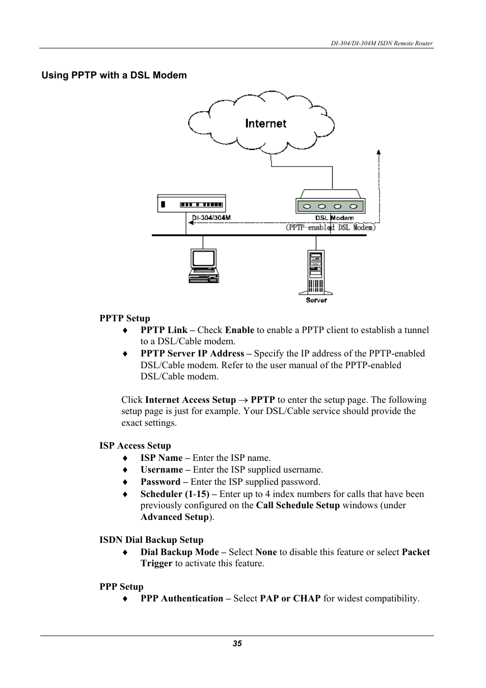 Using pptp with a dsl modem | D-Link DI-304M User Manual | Page 43 / 105