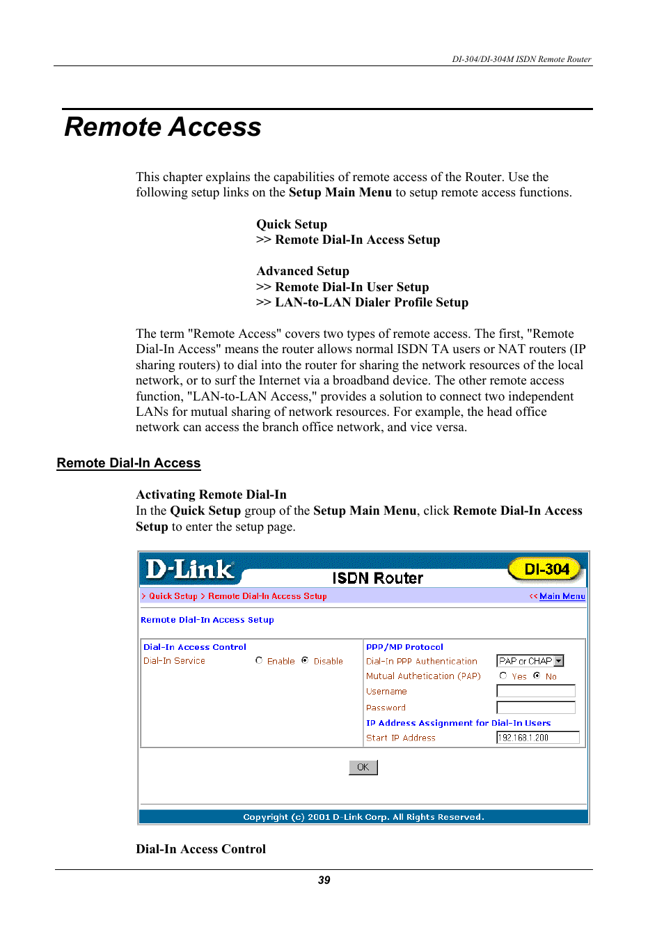 Emote, Ccess, Remote dial-in access | Remote access | D-Link DI-304M User Manual | Page 47 / 105