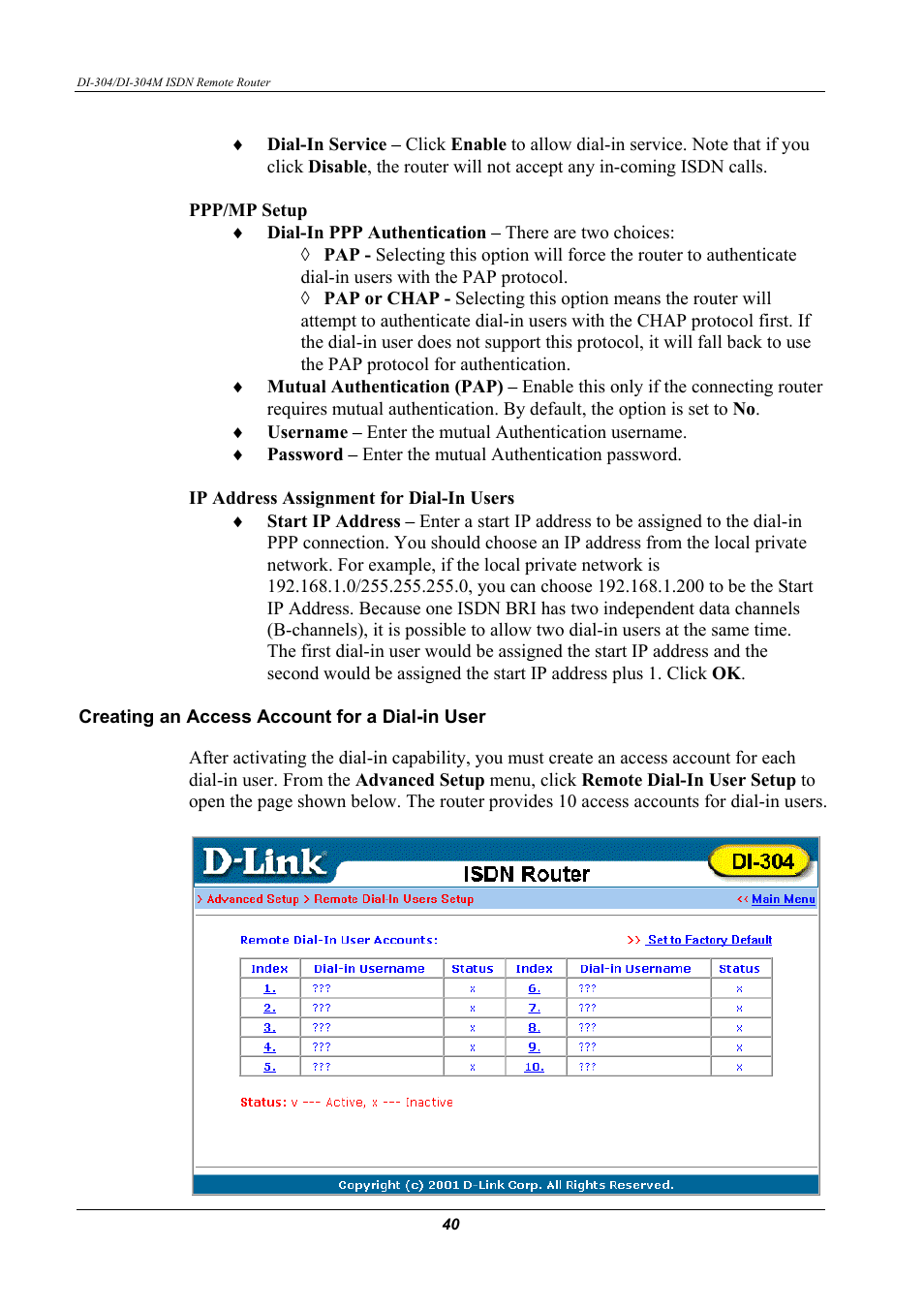 Creating an access account for a dial-in user | D-Link DI-304M User Manual | Page 48 / 105