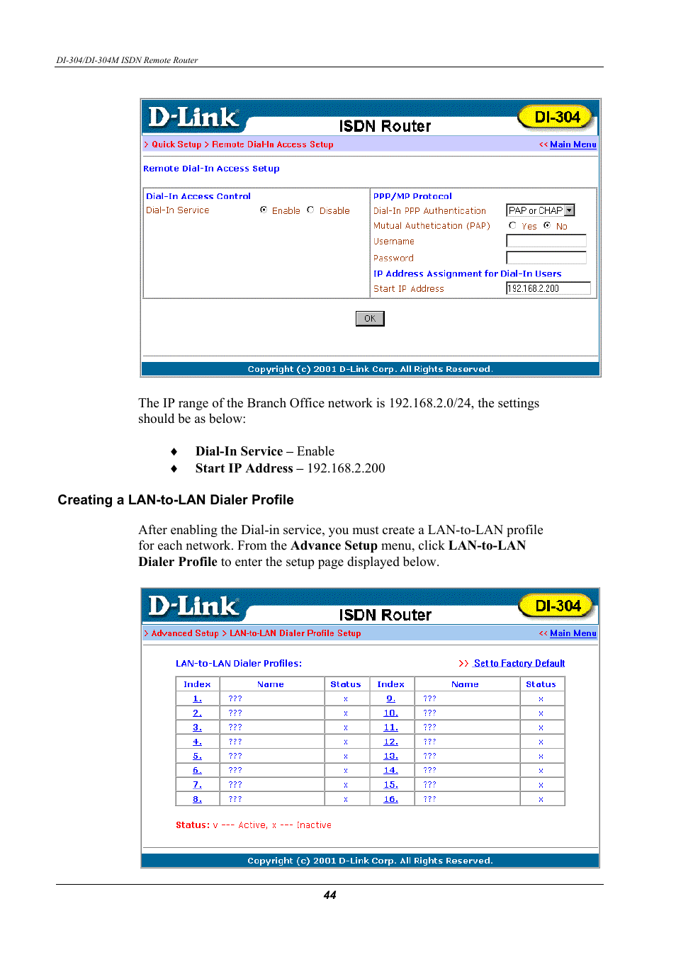 Creating a lan-to-lan dialer profile | D-Link DI-304M User Manual | Page 52 / 105