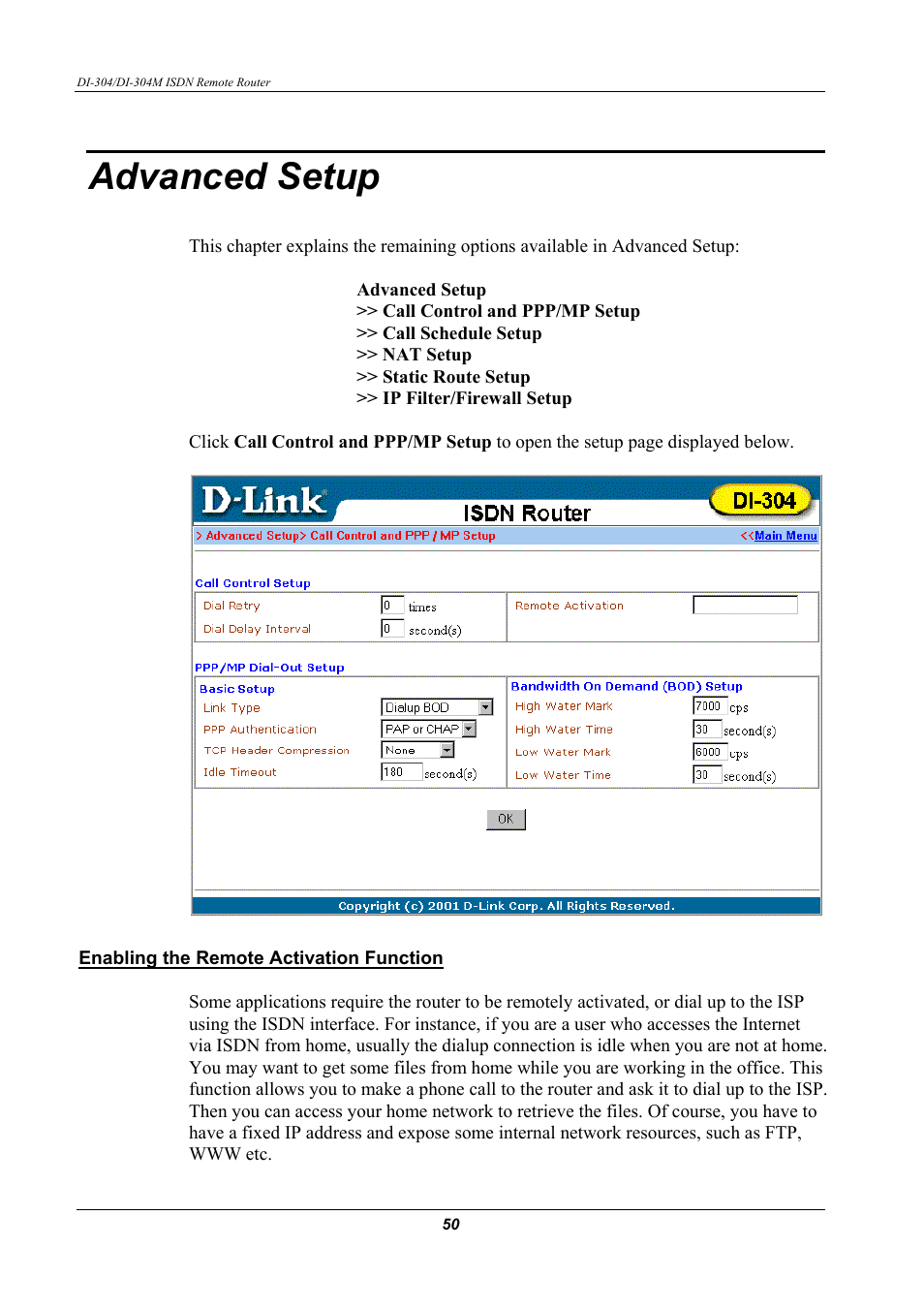 Dvanced, Etup, Enabling the remote activation function | Advanced setup | D-Link DI-304M User Manual | Page 58 / 105