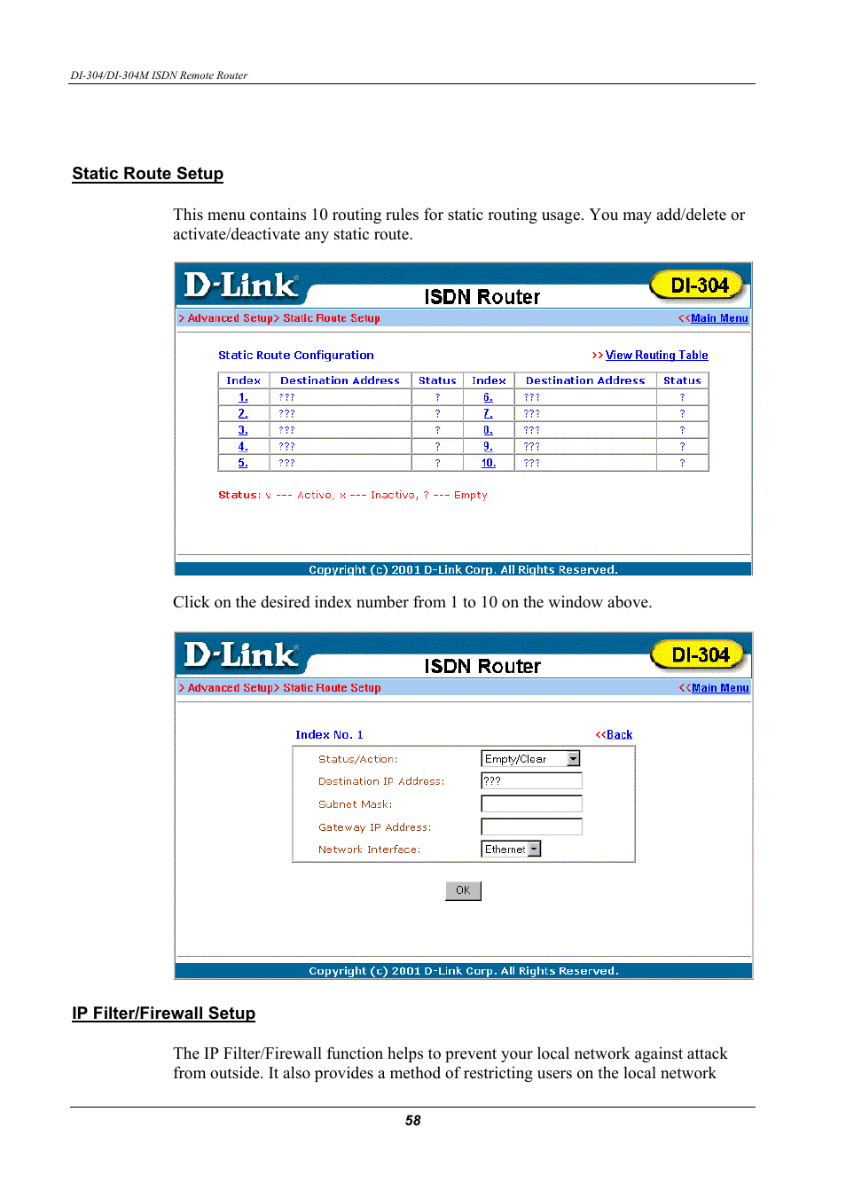 Static route setup, Ip filter/firewall setup | D-Link DI-304M User Manual | Page 66 / 105