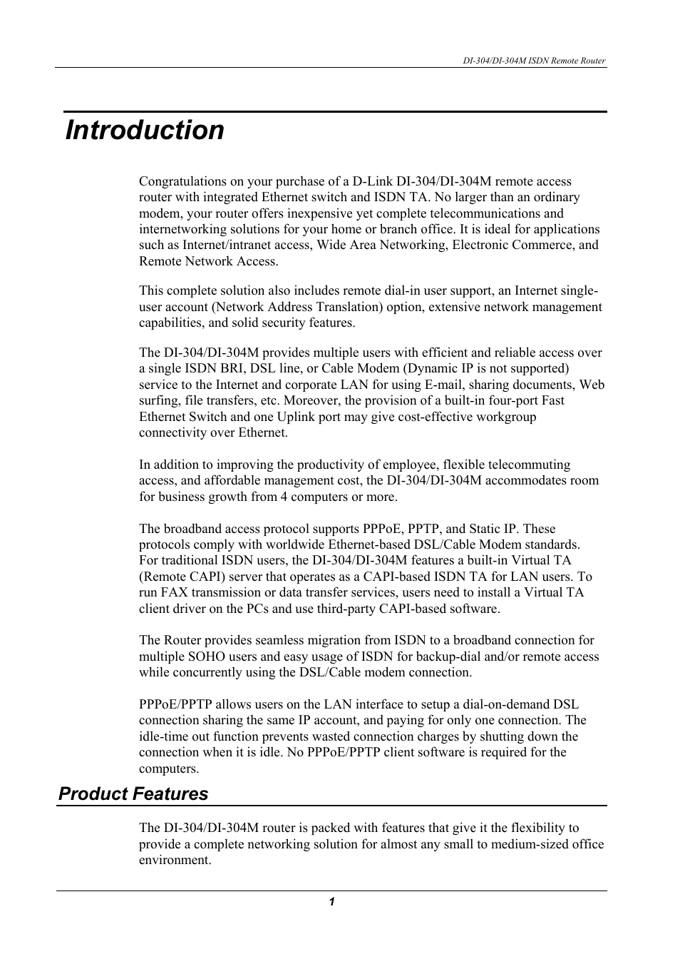 Ntroduction, Product features, Introduction | D-Link DI-304M User Manual | Page 9 / 105