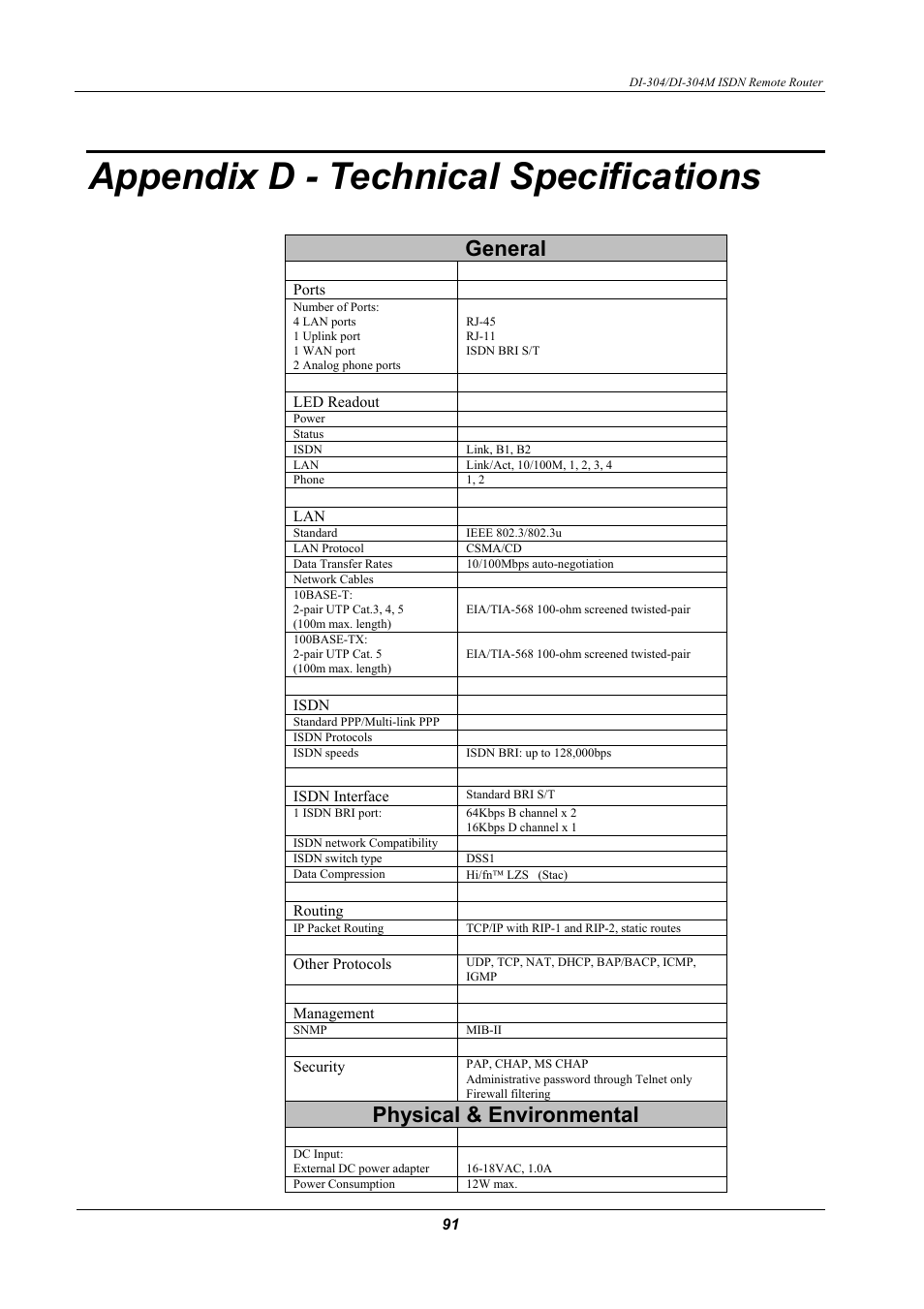 Ppendix, D - t, Echnical | Pecifications, Appendix d - technical specifications, General, Physical & environmental | D-Link DI-304M User Manual | Page 99 / 105