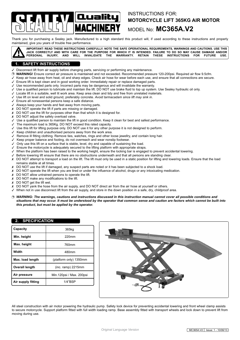 Sealey MC365A User Manual | 3 pages