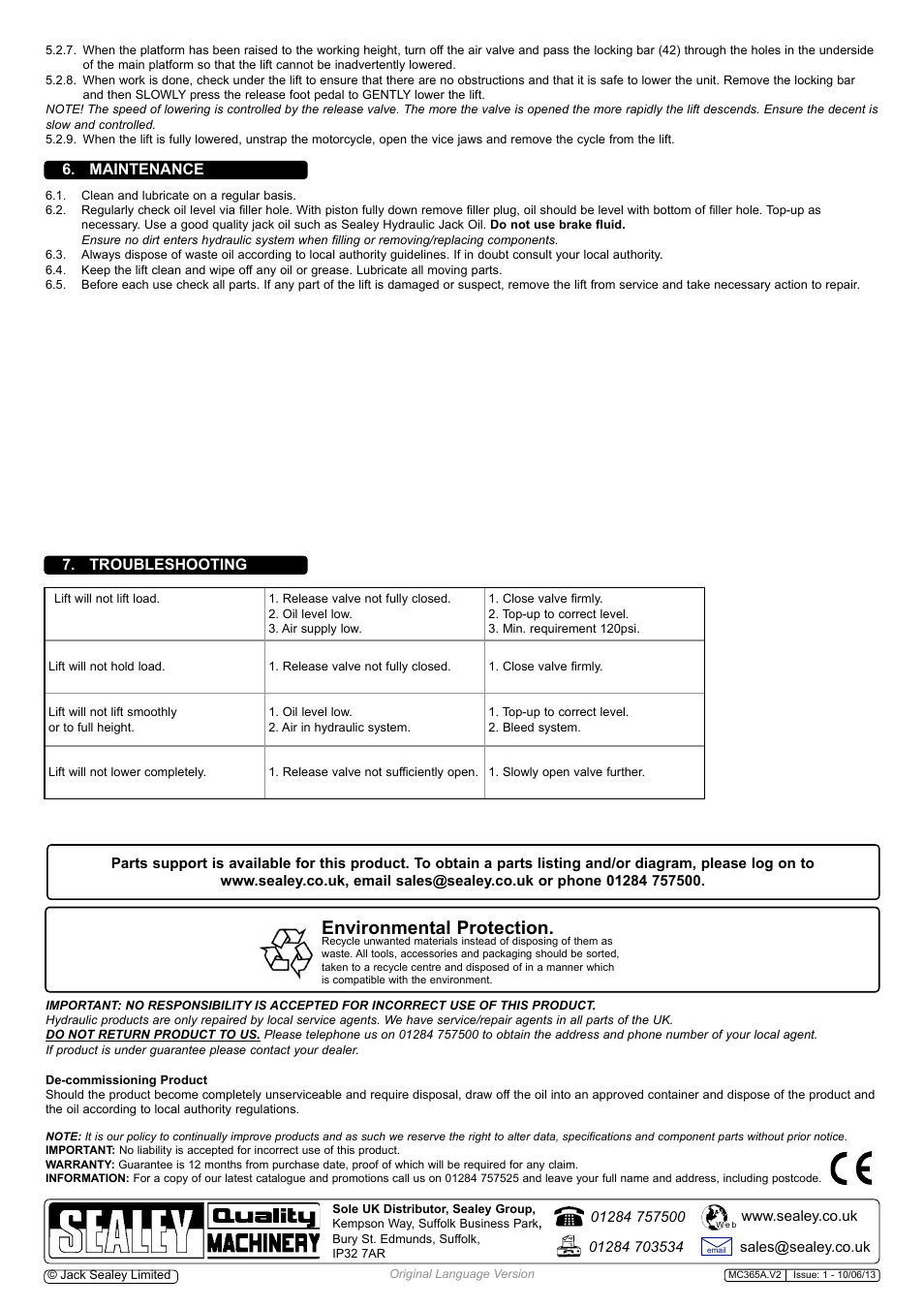 Environmental protection, Maintenance, Troubleshooting | Sealey MC365A User Manual | Page 3 / 3